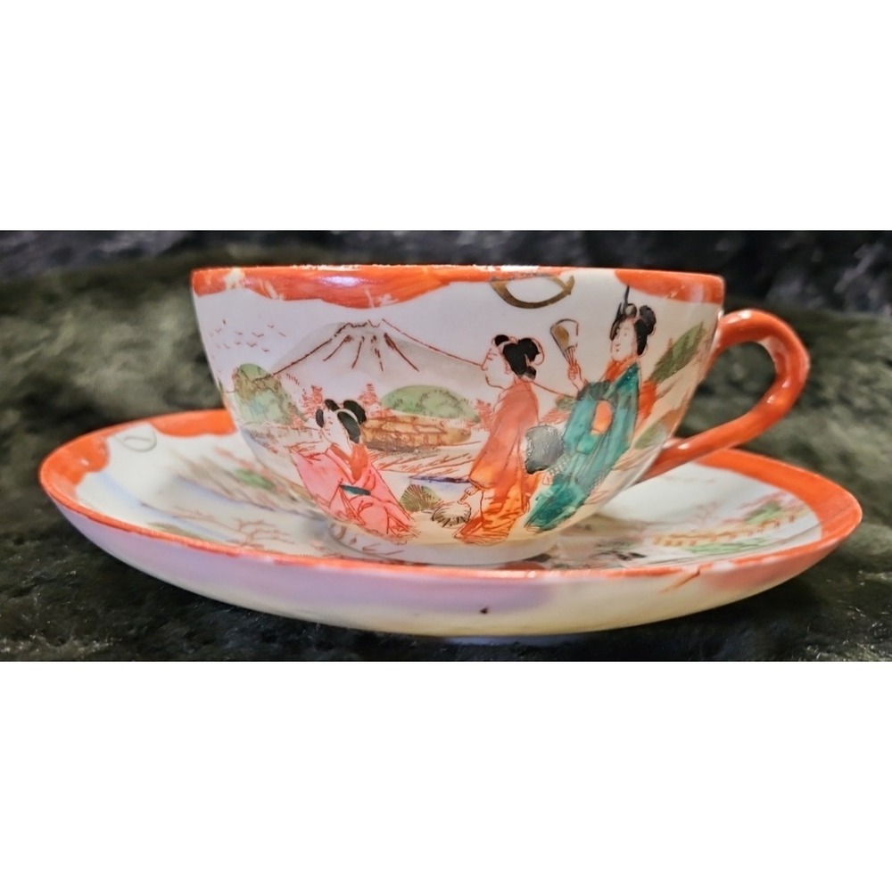Vintage‎ Japanese teacup and saucer set "eggshell porcelain" geisha scene